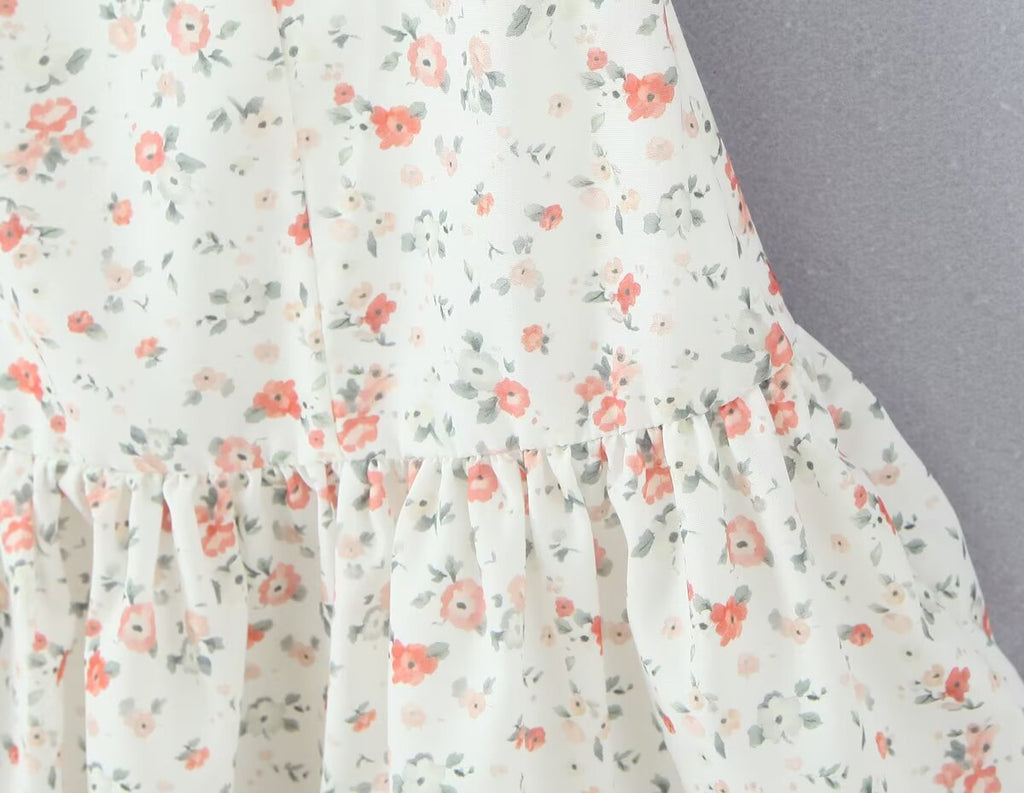 Autumn Gentle Sweet Floral Lace Stitching Printing Dress Tight Waist Puff Sleeve Super Fairy Princess Dress Aiostar