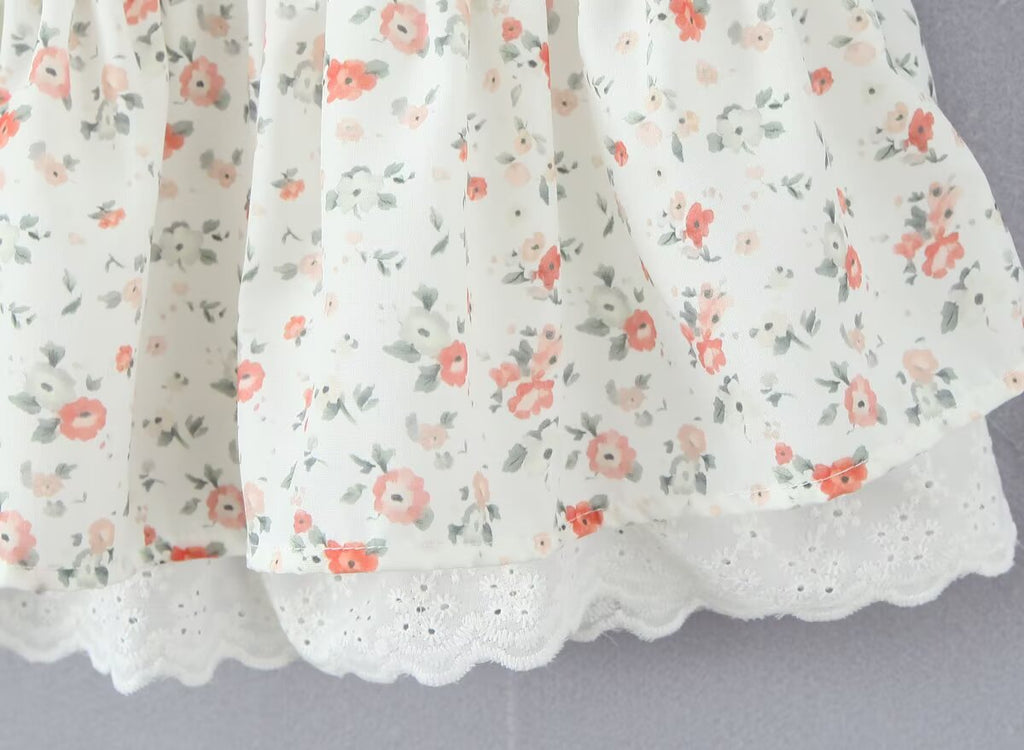 Autumn Gentle Sweet Floral Lace Stitching Printing Dress Tight Waist Puff Sleeve Super Fairy Princess Dress Aiostar