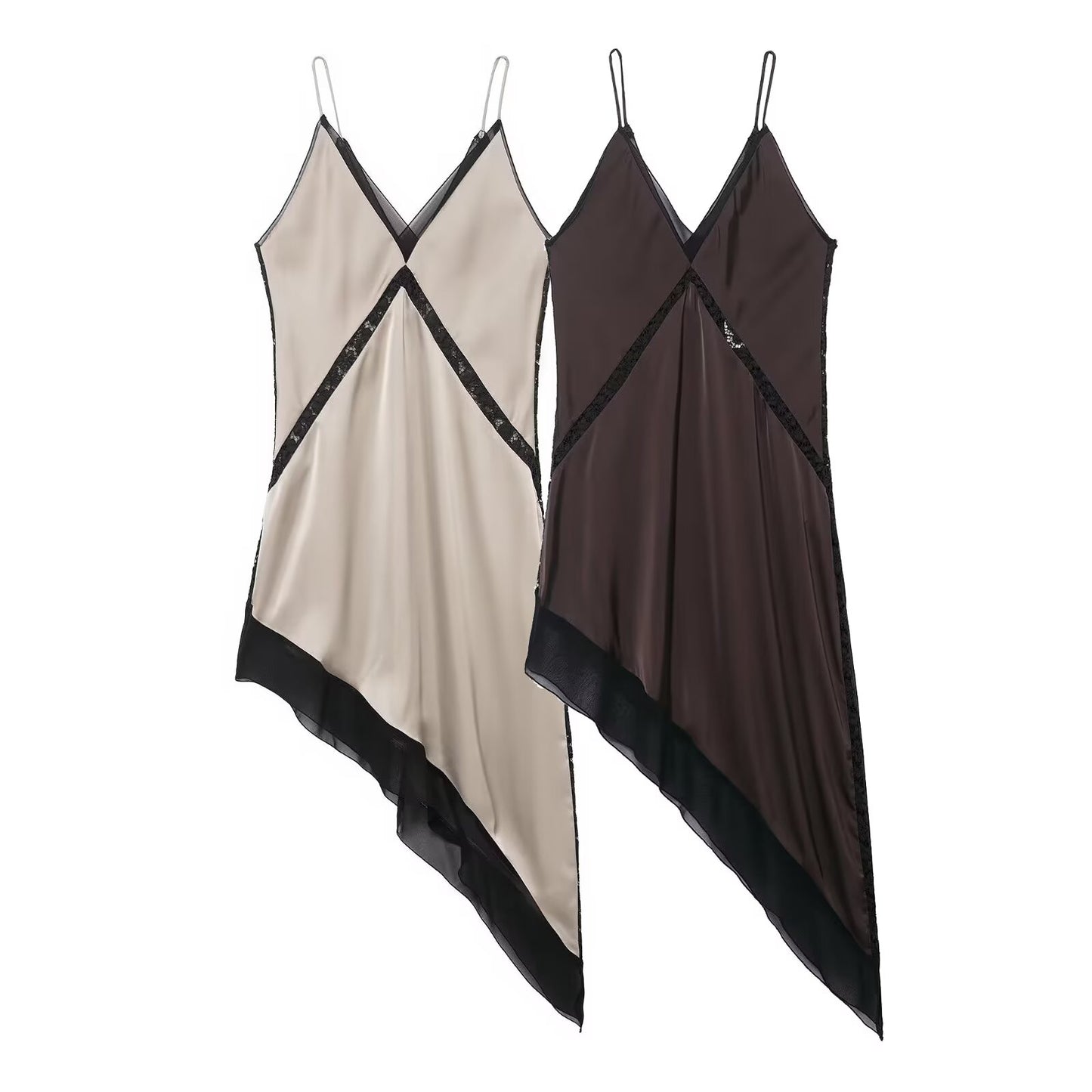Robe midi élégante en satin à bretelles et décolleté asymétrique en V