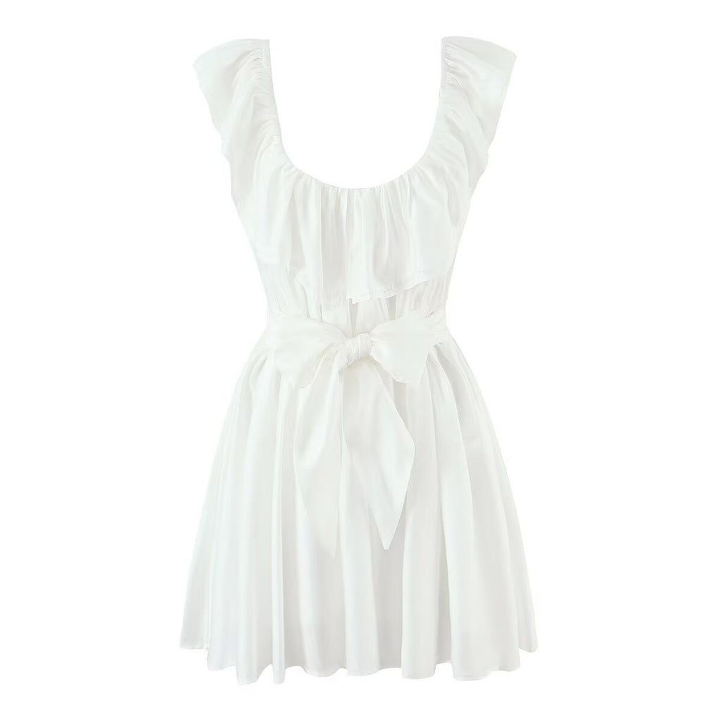French Sexy Deep U Neck Fitted Waist Bowknot Lace up Dress Slim Fit Slimming Sexy Vest Dress Aiostar