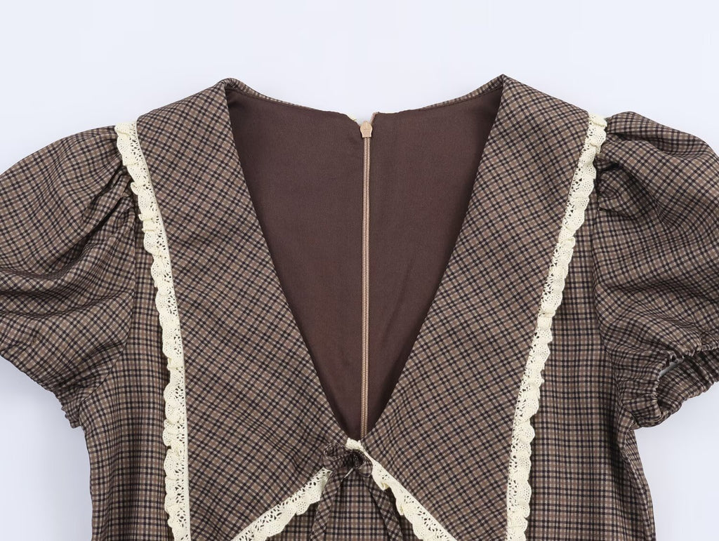 Women Plaid Small round Collared Dress SenDa