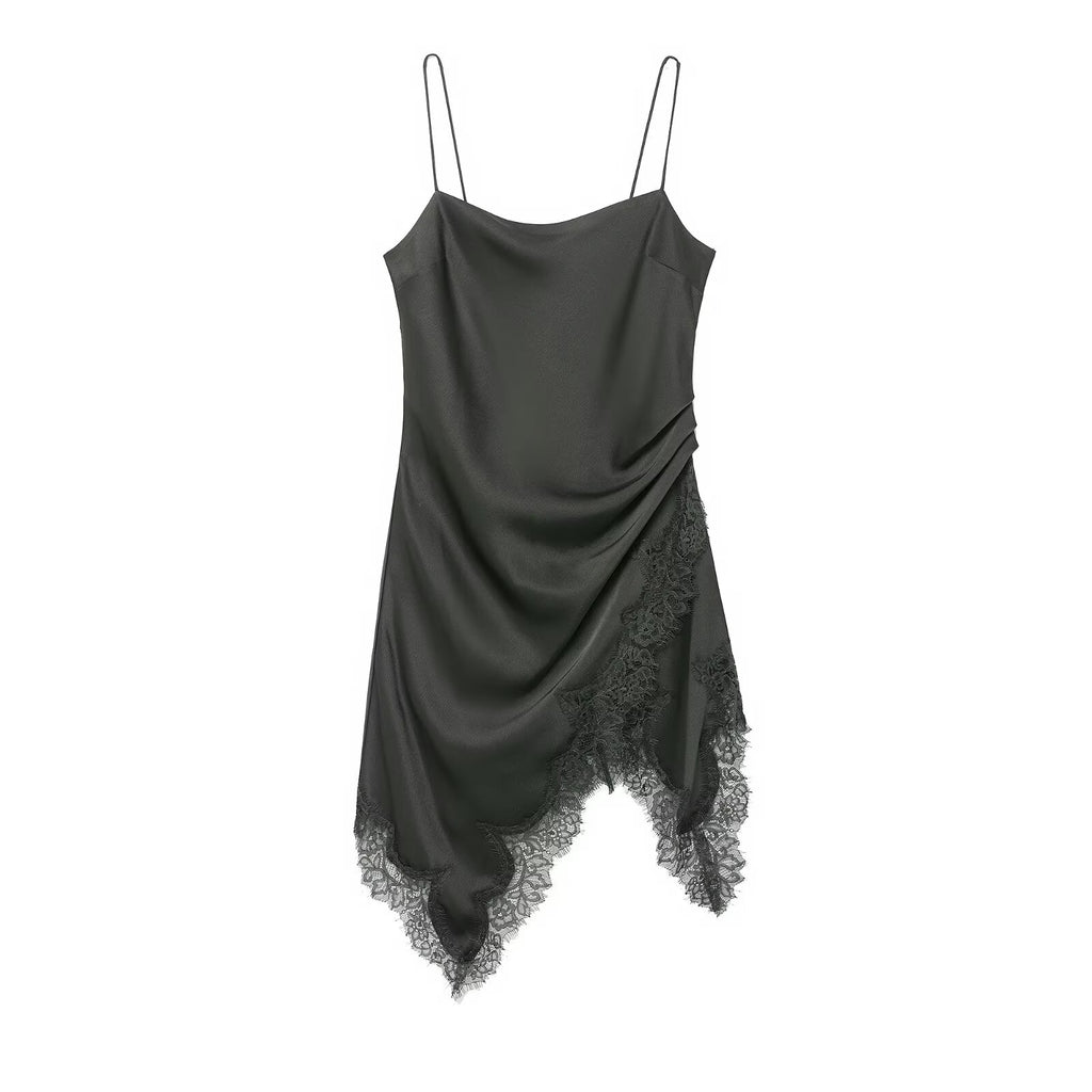 Elegant Boat Neck Irregular Asymmetric Spaghetti Strap Lace Stitching Dress Women flightCourse