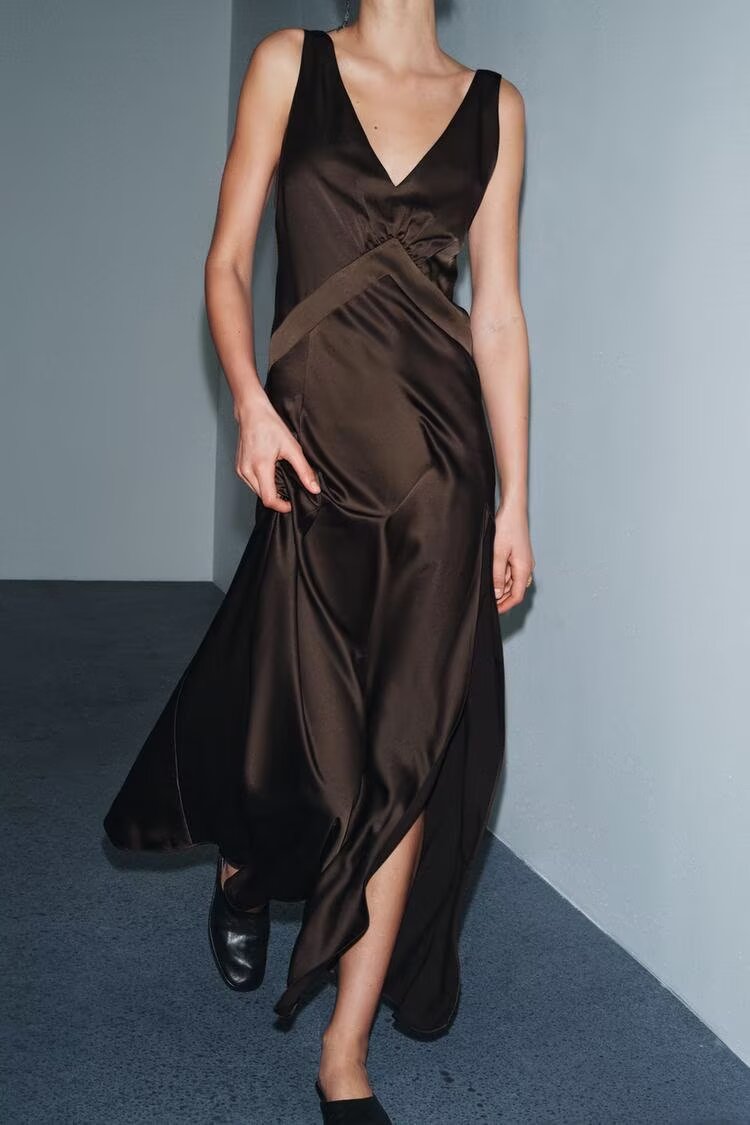 Women Clothing Slim Silk Satin Texture Maxi Dress Shell