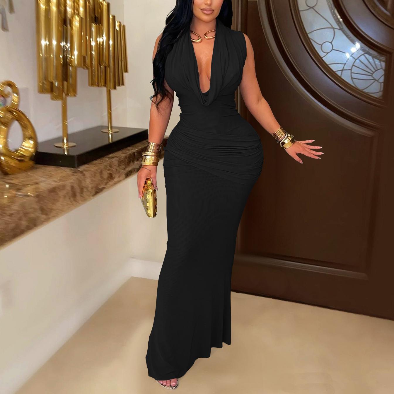 Women Wear Elegance Sleeveless Pleated V neck Low Cut Dress