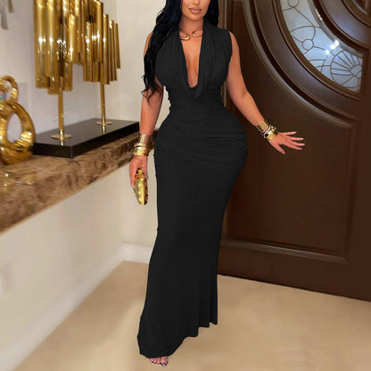 Women Wear Elegance Sleeveless Pleated V neck Low Cut Dress