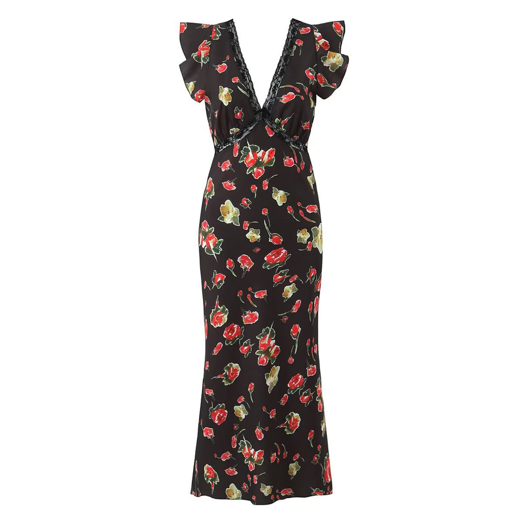 Sexy V neck Sleeveless Printed Dress Waist Slimming Mid Length Mesh Hip Dress Aiostar