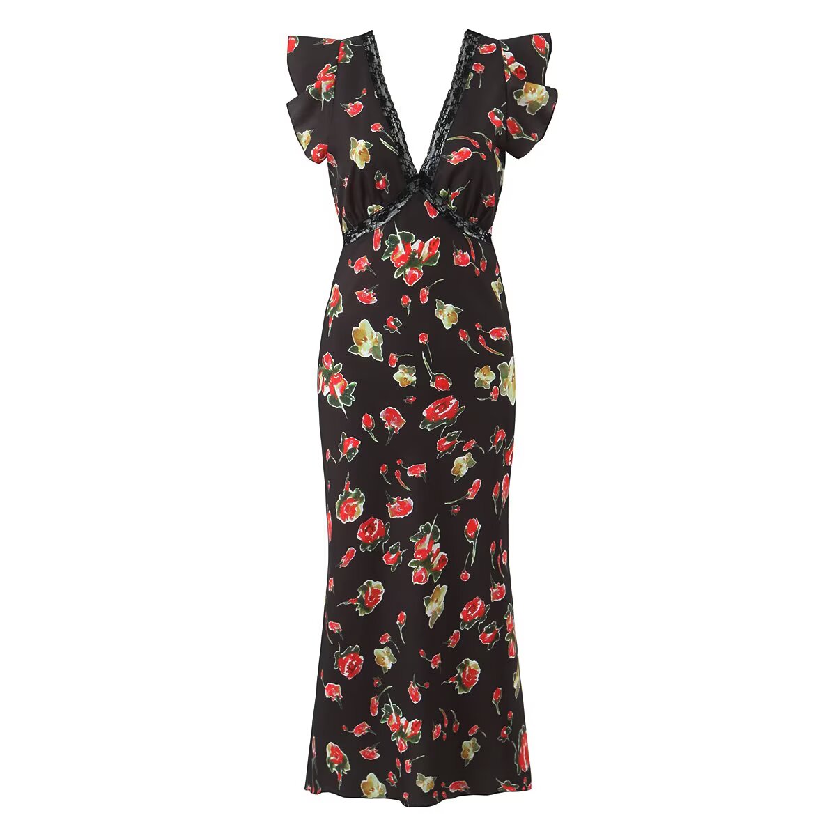 Sexy V neck Sleeveless Printed Dress Waist Slimming Mid Length Mesh Hip Dress Aiostar
