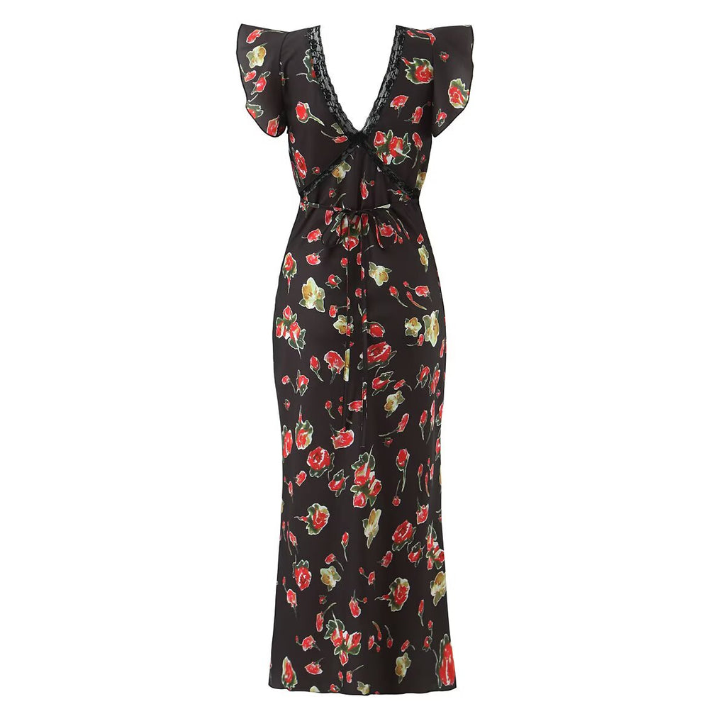 Sexy V neck Sleeveless Printed Dress Waist Slimming Mid Length Mesh Hip Dress Aiostar