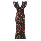 Sexy V neck Sleeveless Printed Dress Waist Slimming Mid Length Mesh Hip Dress Aiostar