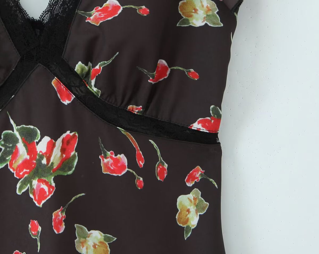 Sexy V neck Sleeveless Printed Dress Waist Slimming Mid Length Mesh Hip Dress Aiostar