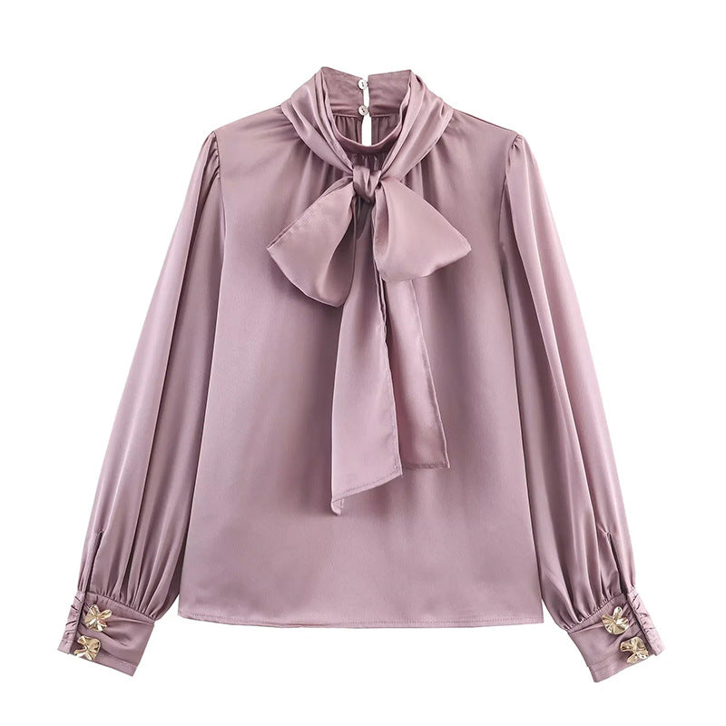 Camisa con cordones de alta calidad intelectual francesa, camisa de otoño para mujeres que combina con todo.