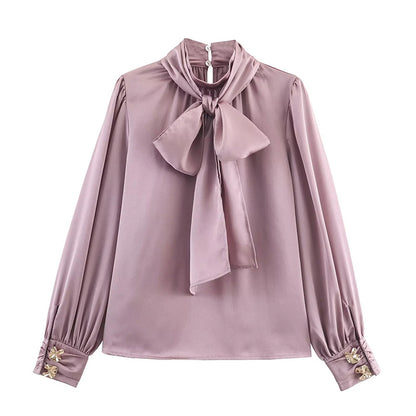 Camisa con cordones de alta calidad intelectual francesa, camisa de otoño para mujeres que combina con todo.