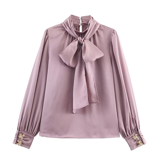 Camisa con cordones de alta calidad intelectual francesa, camisa de otoño para mujeres que combina con todo.