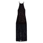 Women Clothing Hanging Collar Velvet Tassel Mid Length Midi Dress TRAF