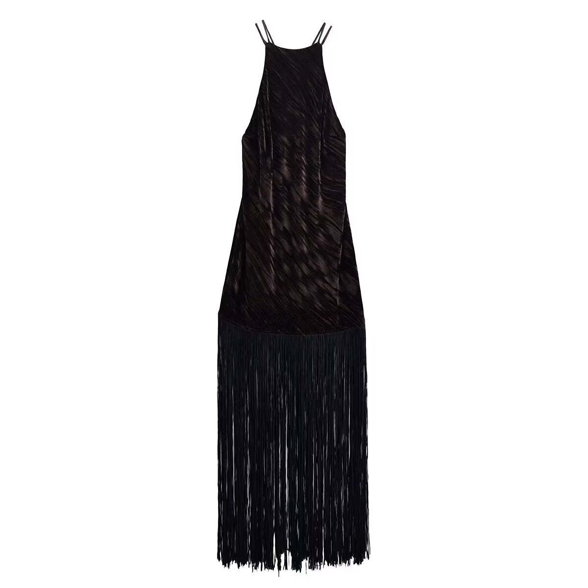 Women Clothing Hanging Collar Velvet Tassel Mid Length Midi Dress TRAF