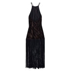 Women Clothing Hanging Collar Velvet Tassel Mid Length Midi Dress TRAF