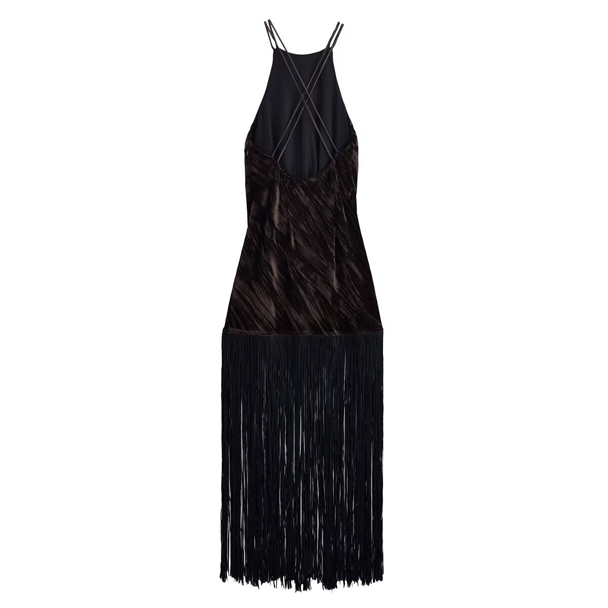 Women Clothing Hanging Collar Velvet Tassel Mid Length Midi Dress TRAF