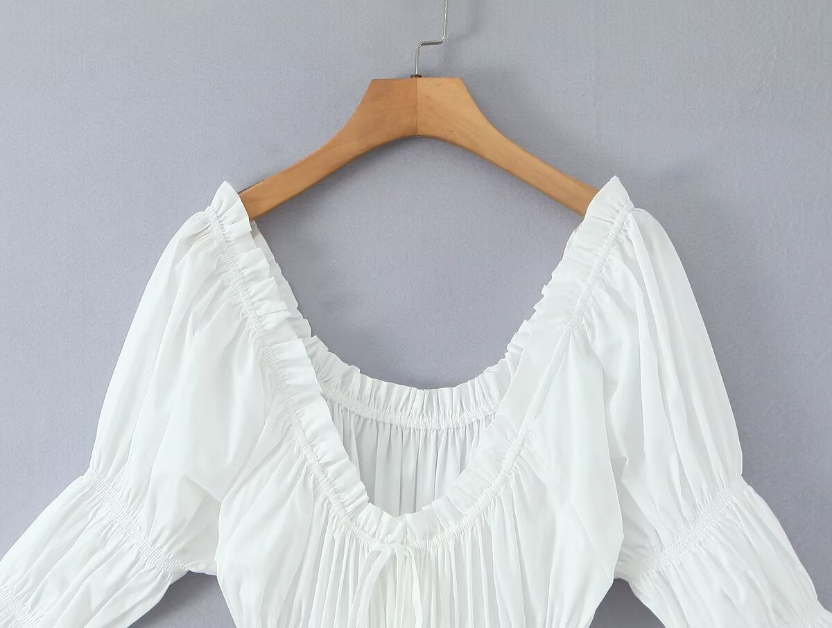 Winter French round Neck Puff Sleeve Chest Lace up Waist Trimming Short Sleeved Stretch Dress Large Swing Aiostar