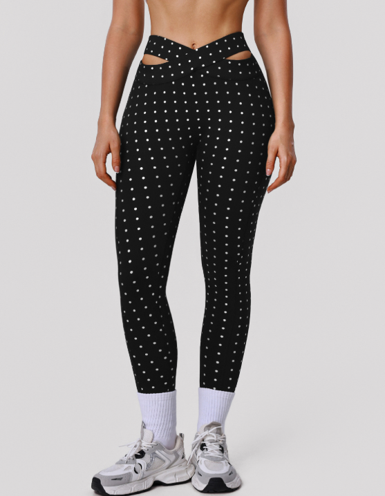 Polka Dot High Waist Cross Hollow Out Cutout Yoga Pants Hip Lifting Sport Skinny Ankle Length Pants Training Workout Pants Women YiGlo
