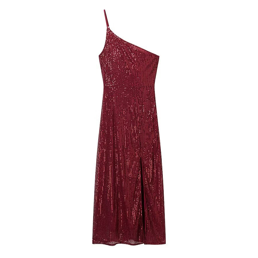 Winter Sexy Wind Shoulder Single Shoulder Suspender Split Dress JiaJia