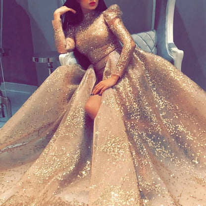 Women Clothing Independent Stand with Gold Big Swing Sexy Dress Slit Cocktail Evening Dress