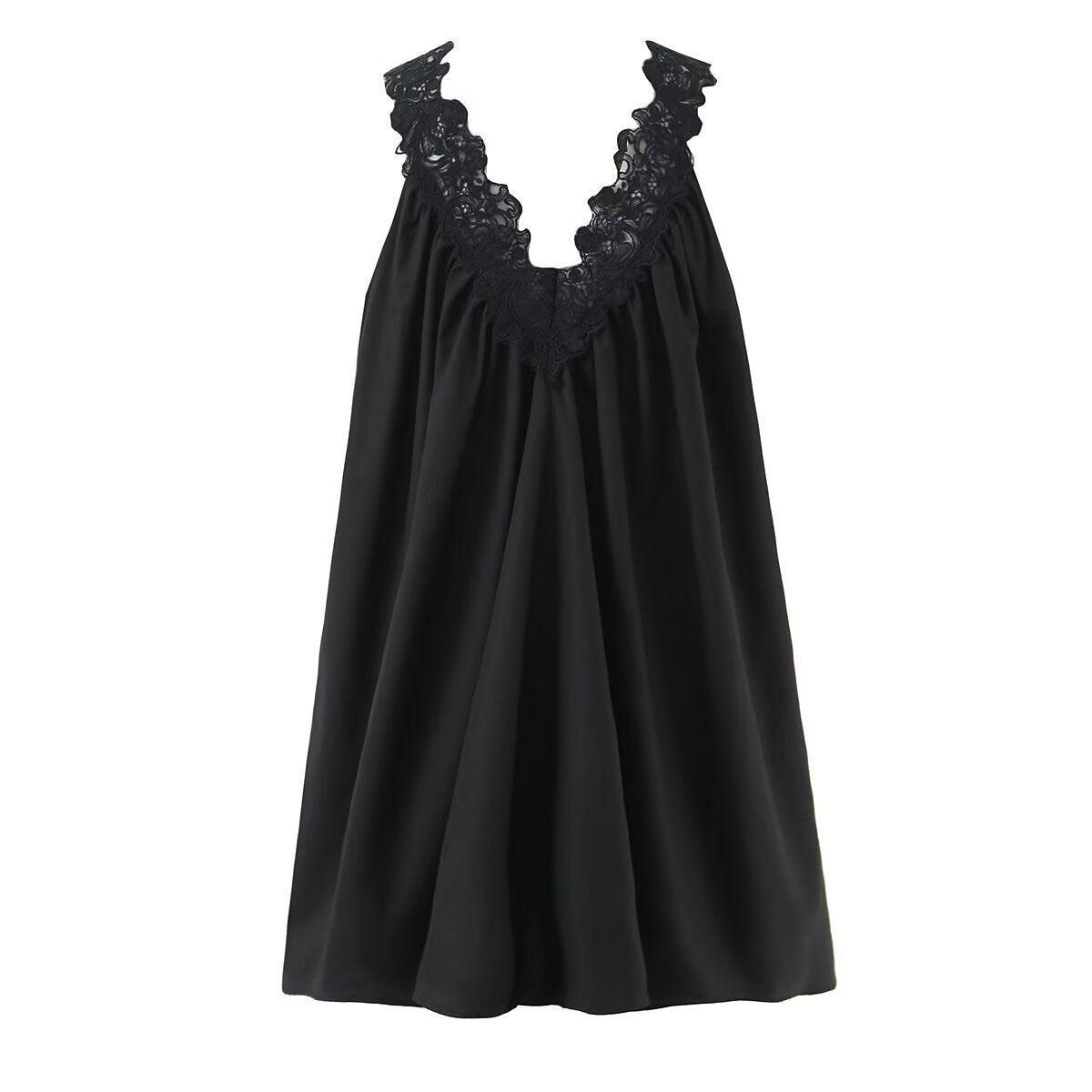 Vestido sexy con escote en V, sin mangas, con costuras de encaje y diseño de volantes