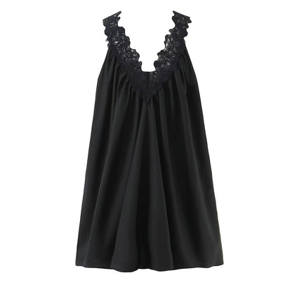Vestido sexy con escote en V, sin mangas, con costuras de encaje y diseño de volantes