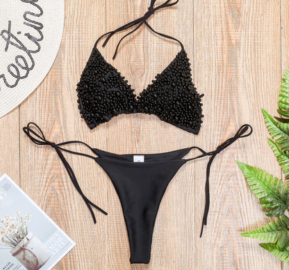 Traje de baño de tanga sexy con bikini de perlas
