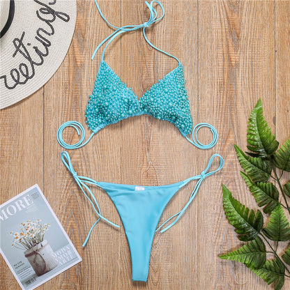 Traje de baño de tanga sexy con bikini de perlas