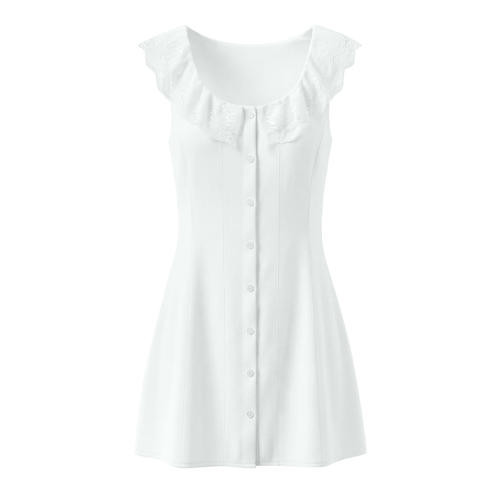 Spring French Slim Lace Square Collar Single Breasted Cinched Sleeveless Mini Dress Camille