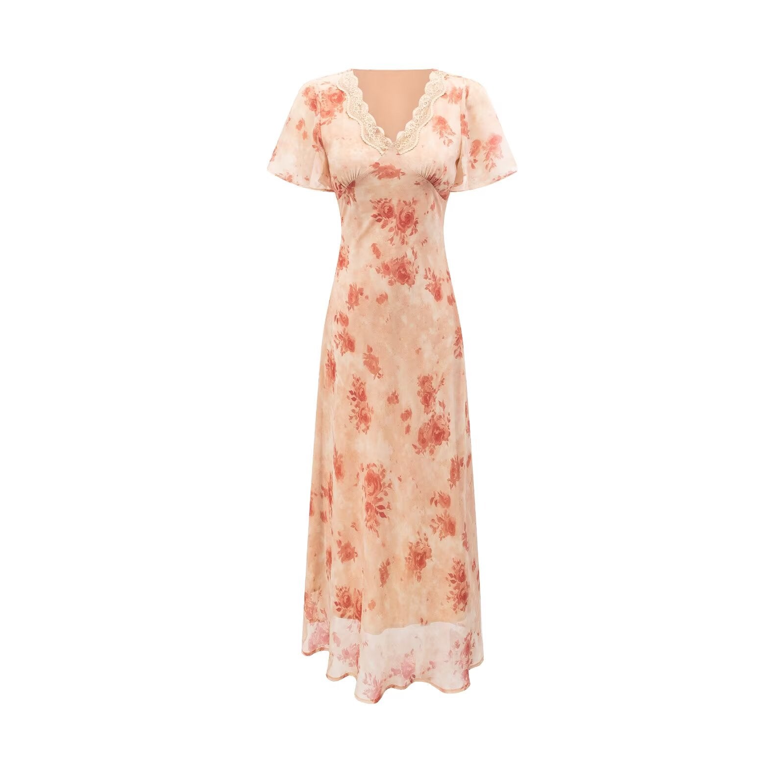 Women Clothing Elegant Pink Floral V neck Pullover Dress Women Waist Controlled Slimming Dress PullWind
