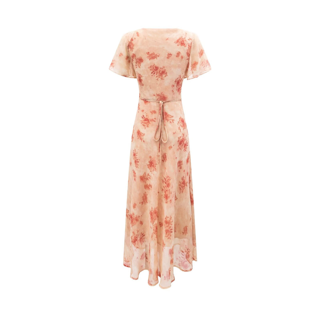 Women Clothing Elegant Pink Floral V neck Pullover Dress Women Waist Controlled Slimming Dress PullWind