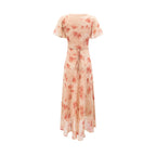 Women Clothing Elegant Pink Floral V neck Pullover Dress Women Waist Controlled Slimming Dress PullWind