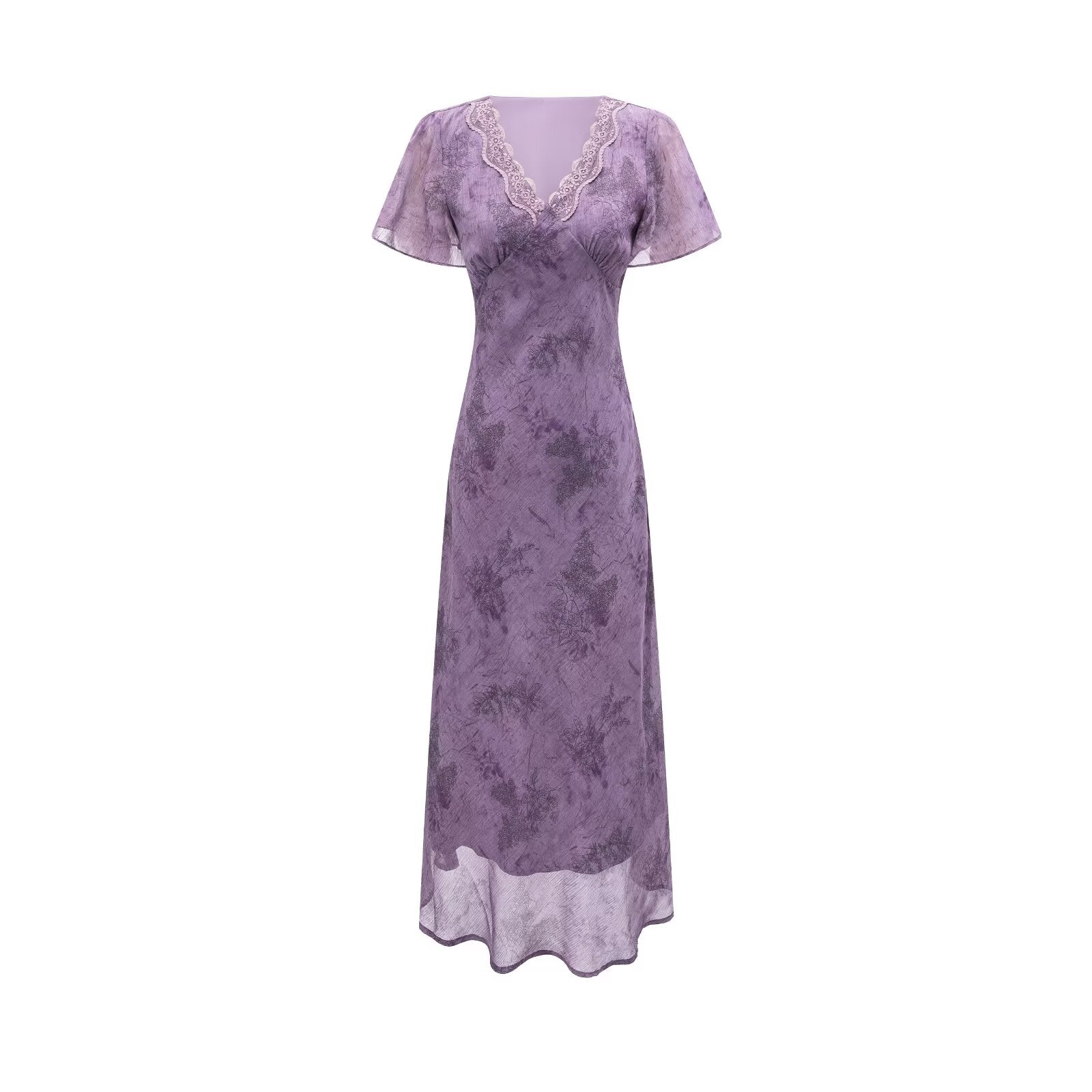 Elegant Slimming V Neckline Pullover Lace Stitching Design Dress Lace up Waist Tight Purple Dress PullWind