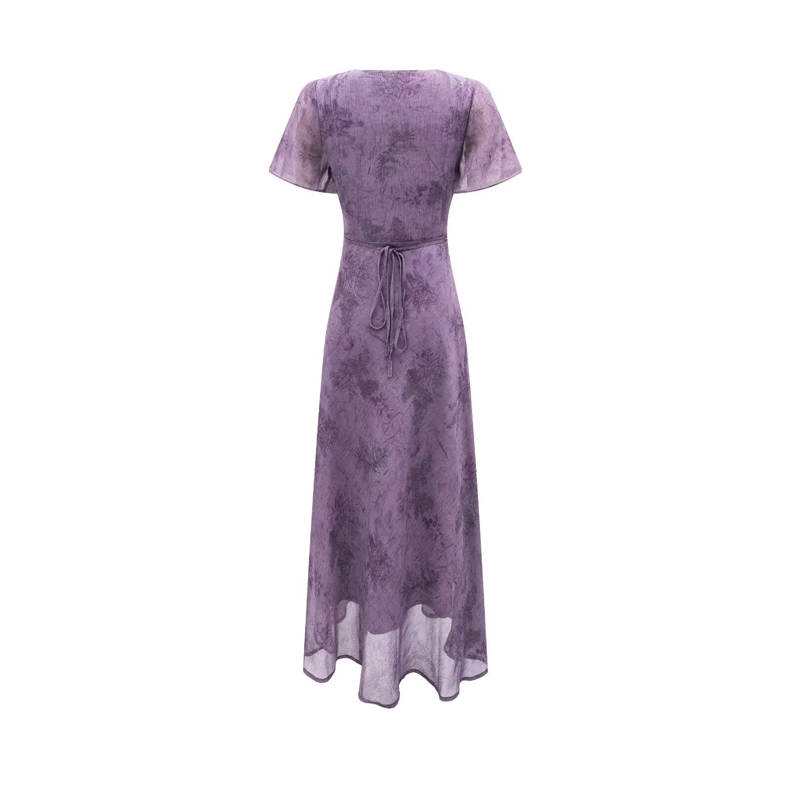 Elegant Slimming V Neckline Pullover Lace Stitching Design Dress Lace up Waist Tight Purple Dress PullWind
