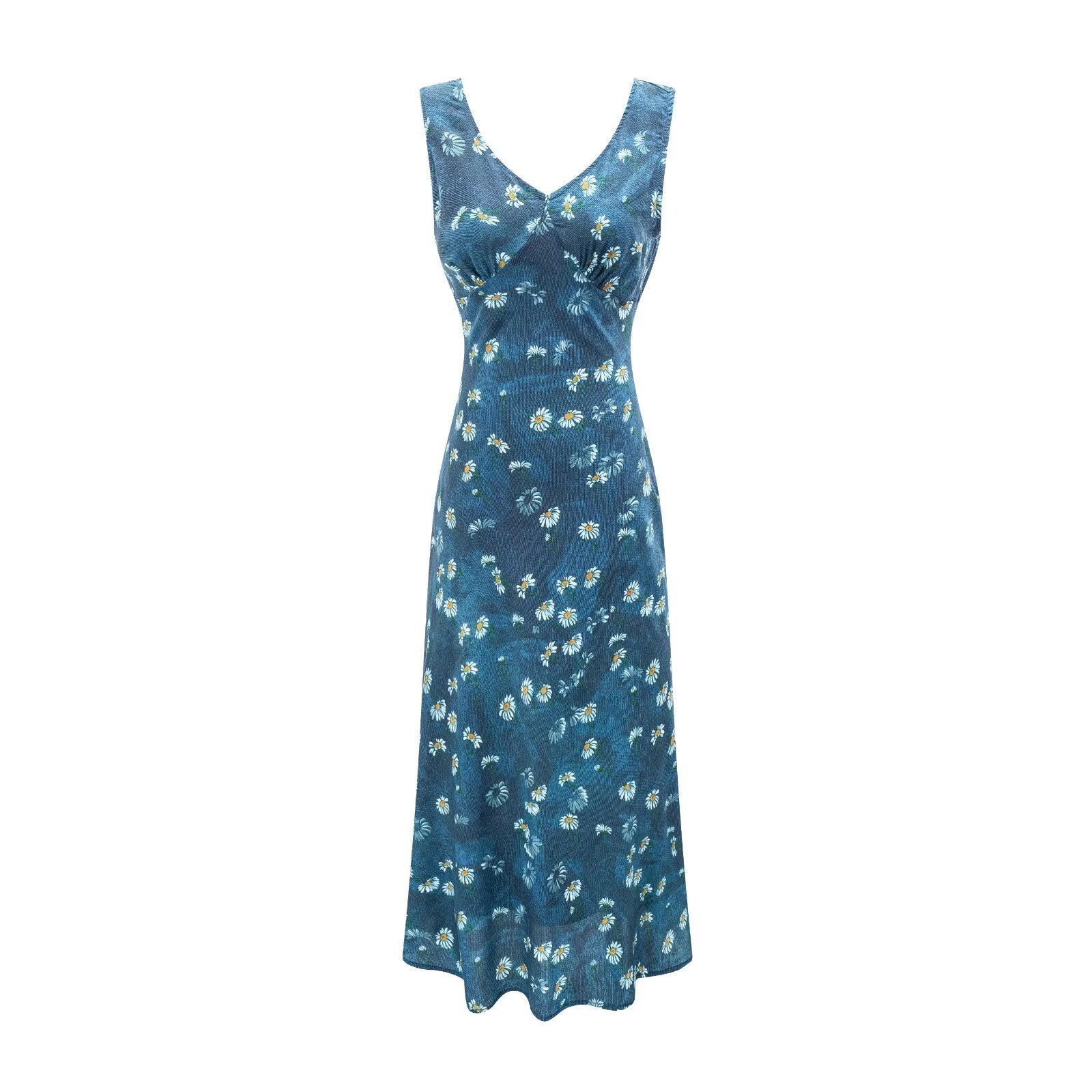 Winter Retro Printed Sexy V neck Lace up Tight Waist Blue Background Printed Dress PullWind