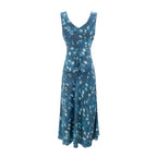 Winter Retro Printed Sexy V neck Lace up Tight Waist Blue Background Printed Dress PullWind