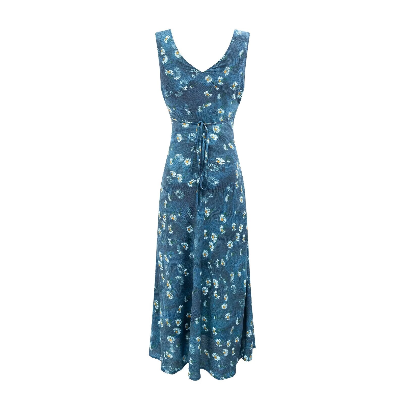Winter Retro Printed Sexy V neck Lace up Tight Waist Blue Background Printed Dress PullWind