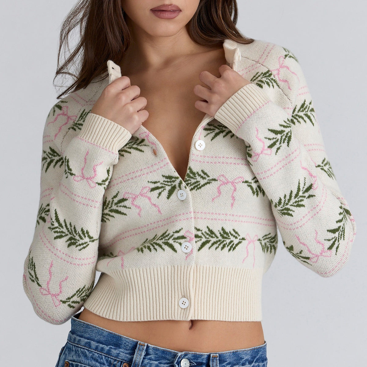 Contrast Color Jacquard Long Sleeved Knitted Cardigan Women Autumn Winter Retro Crew Neck Button Inner Wear Sweater TinkleBell