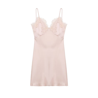 Early Spring Women Clothing Elegant Fashionable Slimming Silk Satin Lace Stitching Cami Dress flightCourse