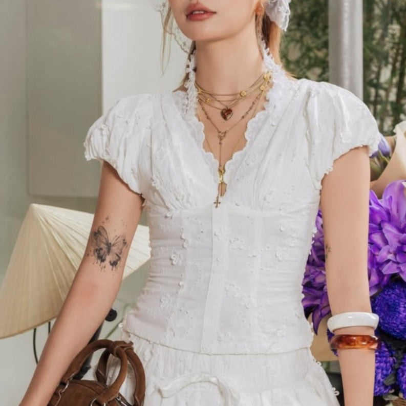 Vietnam Niche Sweet Embroidered Hollow Out Cutout Three Dimensional Jacquard Design Back Zipper Puff Sleeve V neck Shirt Top TinkleBell