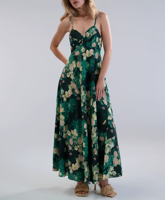 Women Clothing French Blackish Green Rose Printed Elegant Slim V neck Vacation Strap Maxi Dress TinkleBell