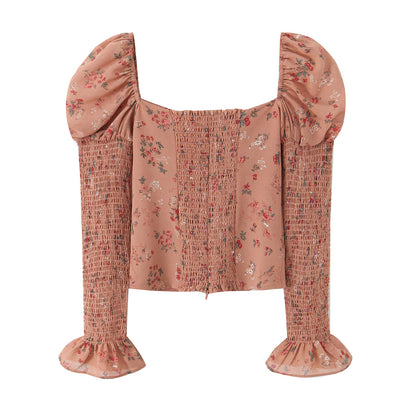 Chemise sexy à imprimé floral pour femme, col carré, manches bouffantes élastiques, coupe amincissante, début de printemps