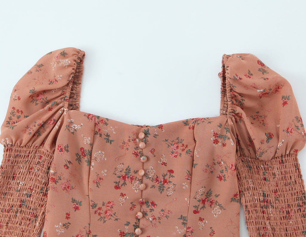 Chemise sexy à imprimé floral pour femme, col carré, manches bouffantes élastiques, coupe amincissante, début de printemps
