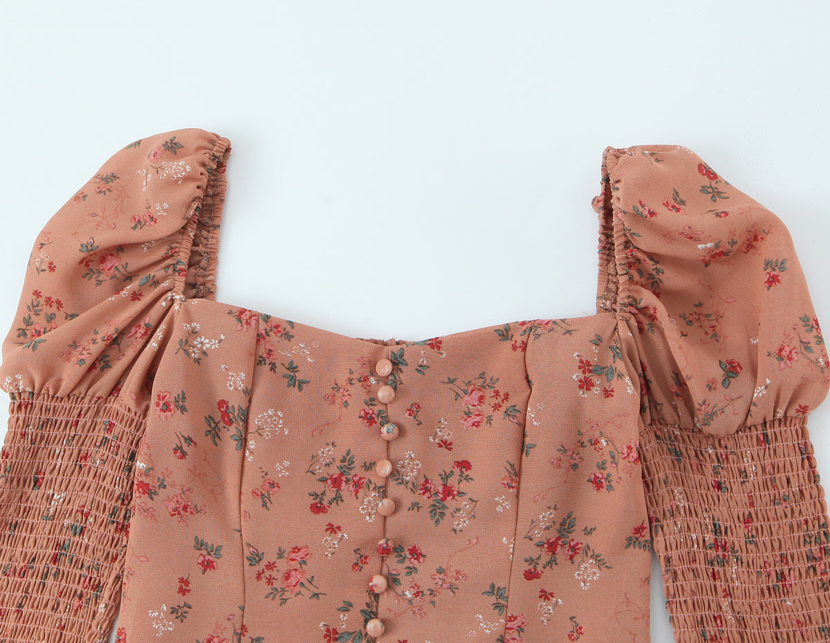 Chemise sexy à imprimé floral pour femme, col carré, manches bouffantes élastiques, coupe amincissante, début de printemps