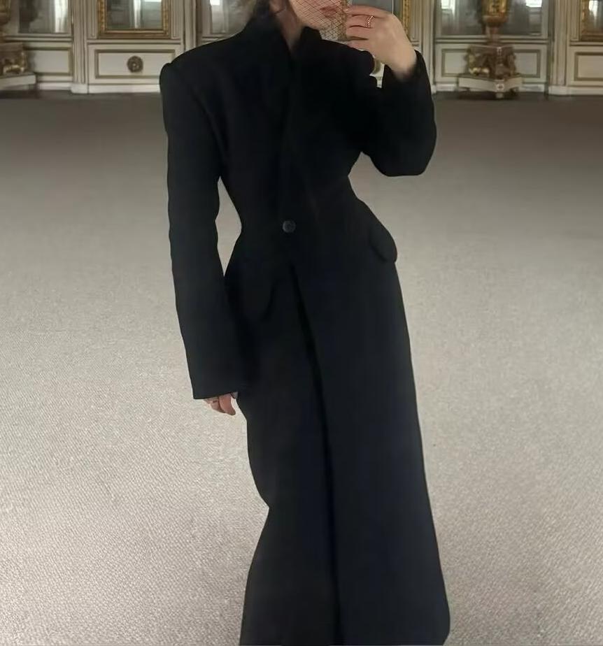 Women Solid Color Slim One Button Long Long Sleeve Collared Coat JiaJia
