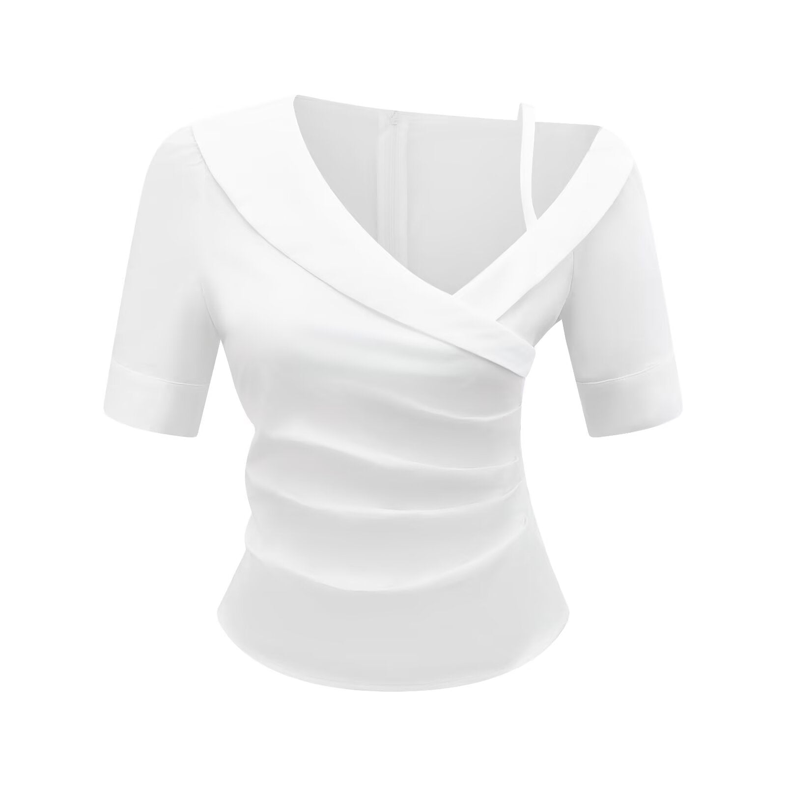 Camisa blanca de manga corta de verano con diseño plisado y corte entallado.