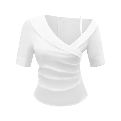 Pleated Design Summer White Short Sleeve Shirt Slim Fit Slim Fit Top