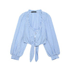 Ropa de mujer Primavera Sexy Cuello Cuadrado Azul Cuadros Top de Manga Larga Corta