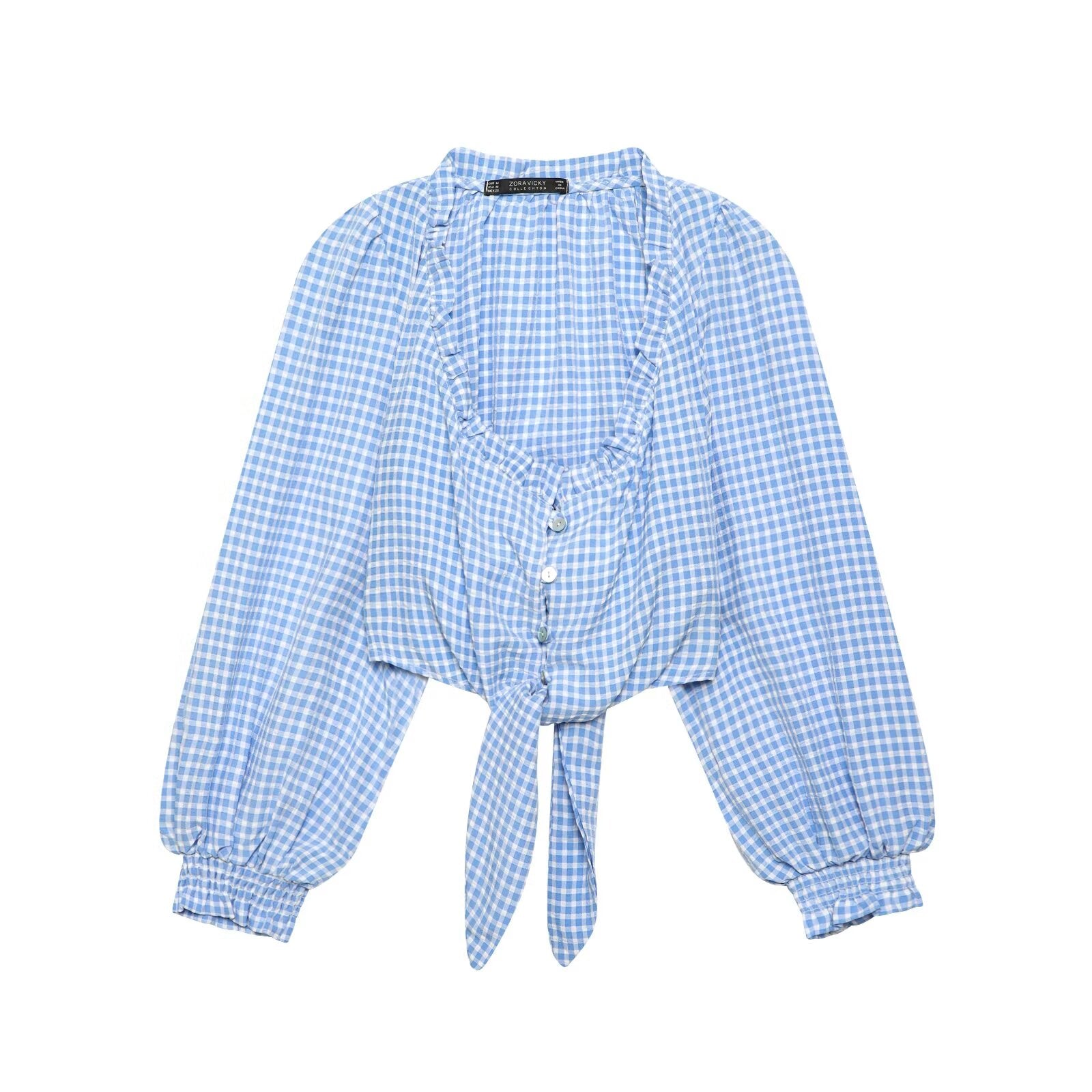 Ropa de mujer Primavera Sexy Cuello Cuadrado Azul Cuadros Top de Manga Larga Corta